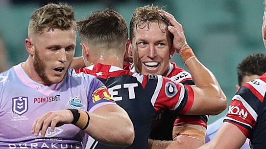 Mitch Aubusson crosses for a try in his milestone match.