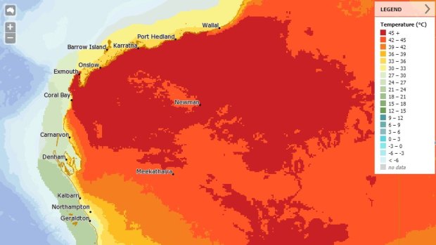 The Bureau of Meteorology MetEye map shows the extent of the area that will experience temperatures over 45 degrees.