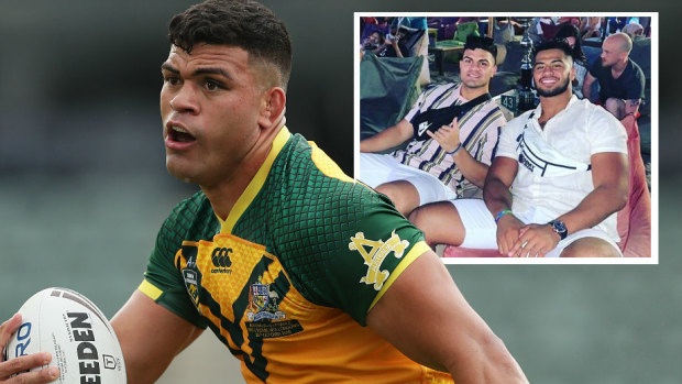 David Fifita spent three days in a jail cell while on holiday with Broncos teammate Payne Haas (inset) in Bali. 