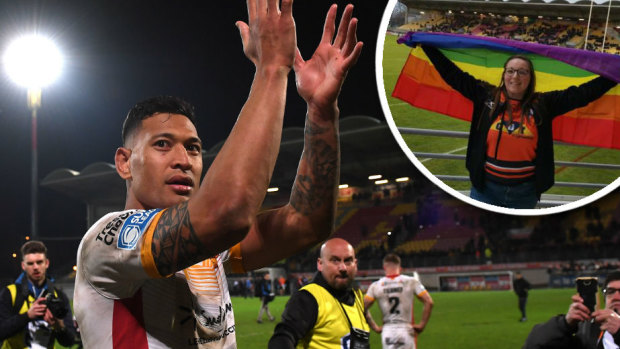 Folau and inset, a fan displays a rainbow flag on his debut for Catalans Dragons in Perpignan.