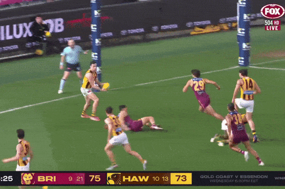 The controversial umpiring decision - a free kick paid against Hawthorn’s Karl Amon for insufficient intent deep into the last quarter.