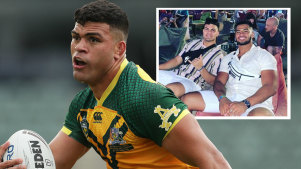 David Fifita playing for the Junior Kangaroos and (inset) with Payne Haas. 