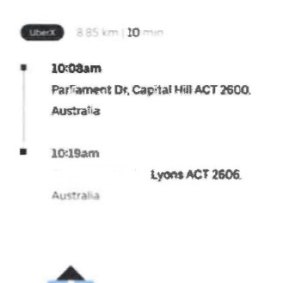 An Uber receipt tendered in court shows Brittany Higgins left Parliament House about 10am on Saturday, March 23, 2019. This masthead has redacted Higgins’ former address for privacy reasons.