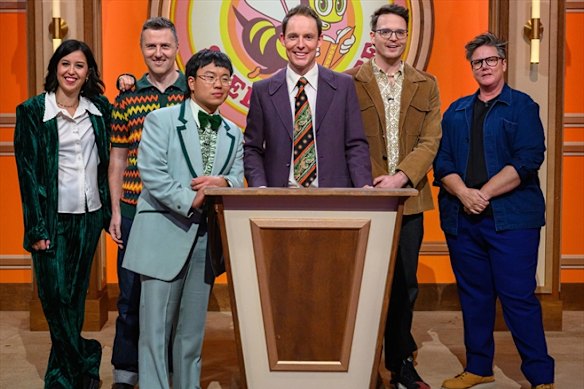 From left: Nina Oyama, Lloyd Langford, Aaron Chen, Guy Montgomery, Tom Walker and Hannah Gadsby in episode one of season two of Guy Montgomery’s Guy Mont Spelling Bee. 