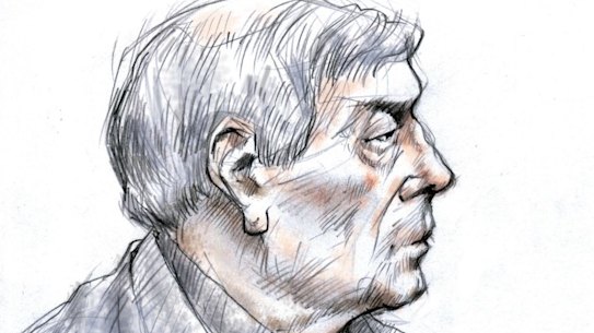 A sketch of Cardinal George Pell in the courtroom during an earlier hearing. On Wednesday he wore an open-necked shirt.