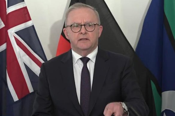 Prime Minister Anthony Albanese speaking from New York.
