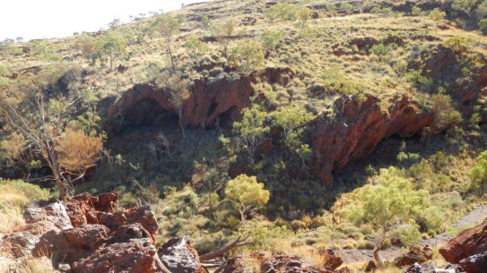The view looking north over the Juukan rock shelters in 2013. 