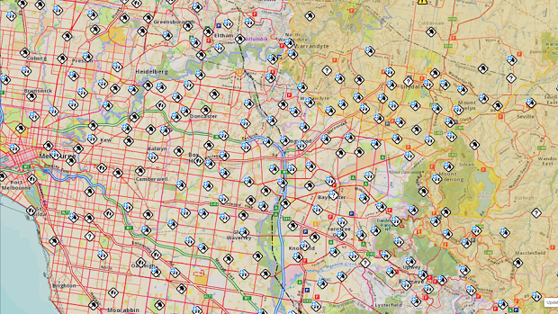 What Melbourne's east looked like on the VicEmergency app just before 10pm on Thursday night.