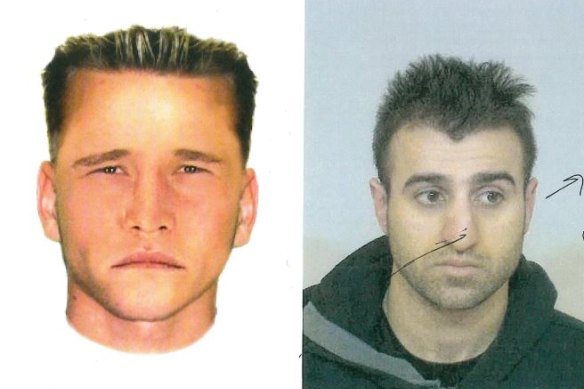 The photofit completed by police in the days after the armed robbery (left) and Milad Khaia in 2015.