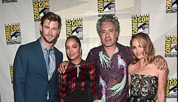 Director Taika Waititi with stars from Thor: Love and Thunder: Chris Hemsworth, Tessa Thompson and Natalie Portman.