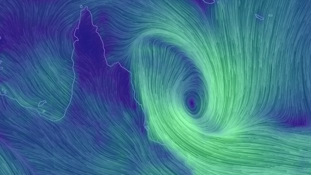 Ex-Tropical Cyclone Iris nears the coast of Queensland on Monday morning.