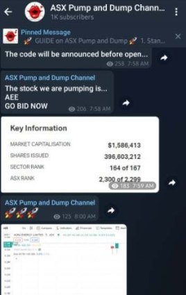 A screenshot of the ASX pump and dump group on Telegram lining up ASX-listed group Aura Energy for a price jump.