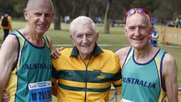Masters Legend John Gilmour (centre) with cross country gold medallist Don Mathewson and silver medallist Jim Langford.