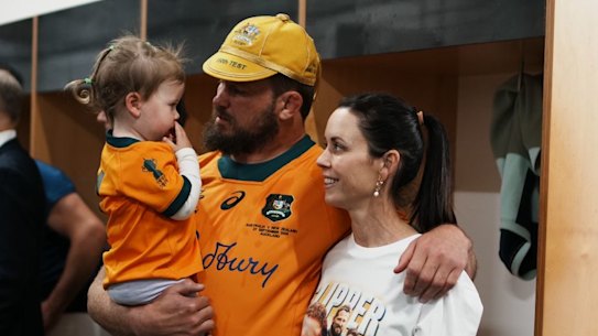 James Slipper with wife Kara and daughter Lily after the Wallabies’ loss at Eden Park.