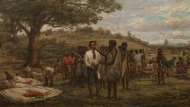 Batman's treaty with the aborigines at Merri Creek, 6th June 1835. Artist: John Wesley Burtt.