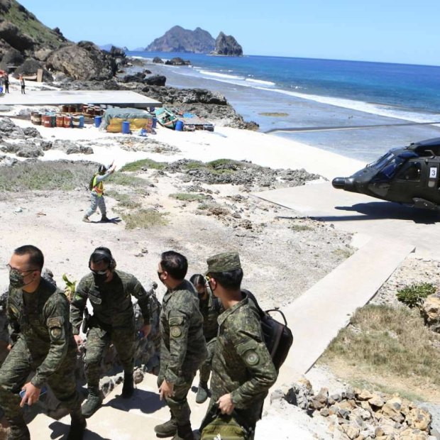 Philippine military personnel at Mavulis island, the northernmost post of the Philippines, in 2021.