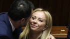 Matteo Salvini, Italy’s deputy premier, congratulates Giorgia Meloni after her speech.