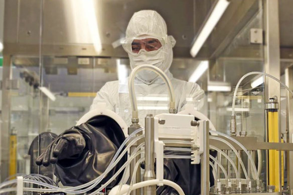 A worker at private pharmaceutical group Phebra’s manufacturing and research plant in Sydney’s Lane Cove. 
