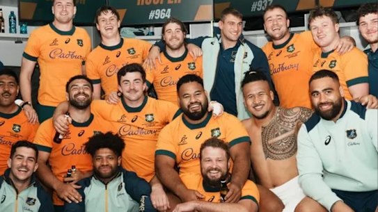 Wallabies forwards celebrate their win at Ellis Park