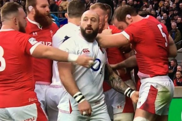 Footage of the incident where Joe Marler appears to grab the groin area of Wales captain Alun Wyn Jones.