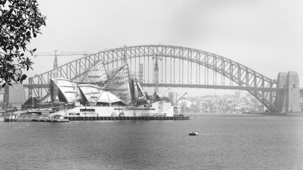 Construction continues on the Opera House in a view from Mrs Macquarie’s Point.