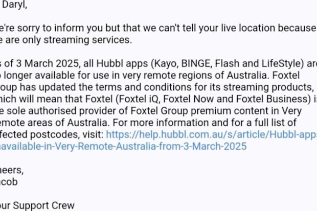 An email Daryl received regarding his Kayo access.