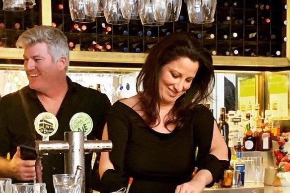 Stuart MacGill with his girlfriend of four years Maria O’Meagher at her Neutral Bay restaurant Aristotle’s.