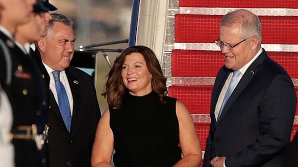 US ambassador Joe Hockey greets Prime Minister Scott Morrison and Jenny Morrison on arrival at Joint Base Andrews.