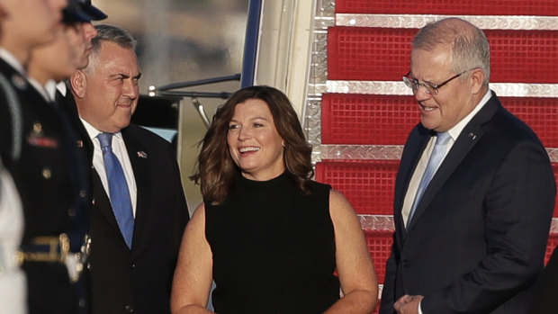 US ambassador Joe Hockey greets Prime Minister Scott Morrison and Jenny Morrison on arrival at Joint Base Andrews.