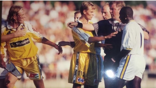 Tony Gustavsson (far left) during his playing days in Sweden facing Jimmy Floyd Hasselbaink (right).