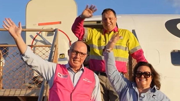 A promotional video from Hancock Prospecting shows Opposition Leader Peter Dutton with Gina Rinehart and Roy Hill CEO Gerhard Veldsman last year.