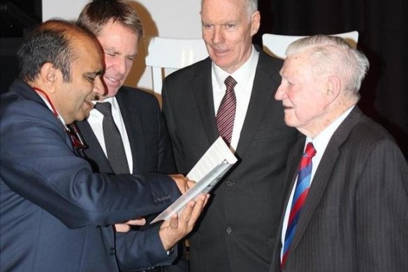 Chappell Foundation chair Darshak Mehta, Shane Warne, Greg Chappell and Test great Neil Harvey at a Chappell Foundation fundraiser.