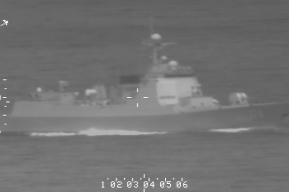 A Royal Australian Air Force (RAAF) reconnaissance photo of a Peoples Liberation Army-Navy Luyang-class guided missile destroyer involved in a lasing incident with an RAAF P-8A Poseidon maritime patrol aircraft.