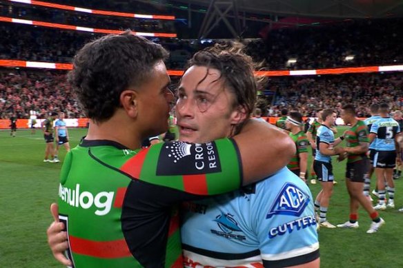 Latrell Mitchell consoles Nicho Hynes after last year’s NRL semi-final