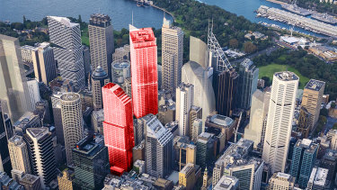 Two skyscrapers, in red, planned for above the two entrances for the Metro West train station will be 58 and 51 storeys high.
