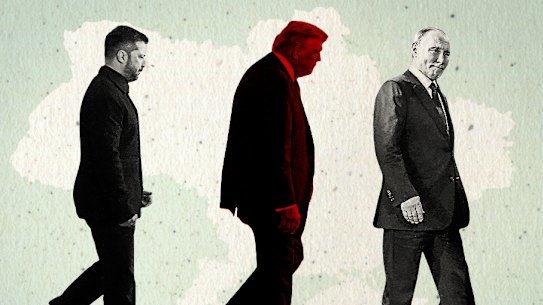 Volodymyr Zelensky, Donald Trump  and Vladimir Putin.