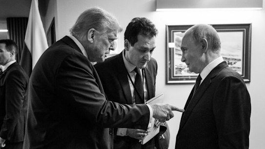 US President DonaldTrump shared a picture of himself pointing at the chest of his Russian counterpart Vladimir Putin.