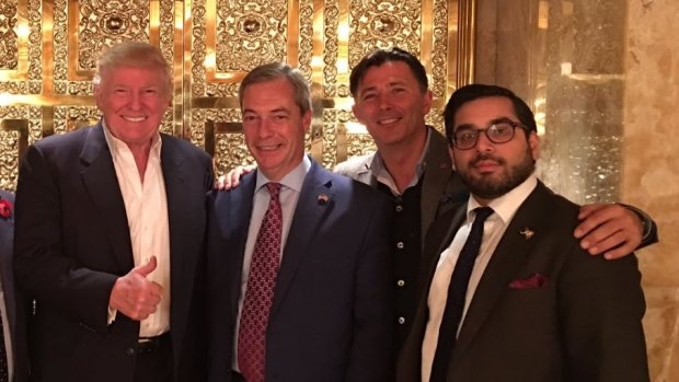 Raheem Kassam, right, in the company of US President Donald Trump and Nigel Farage.