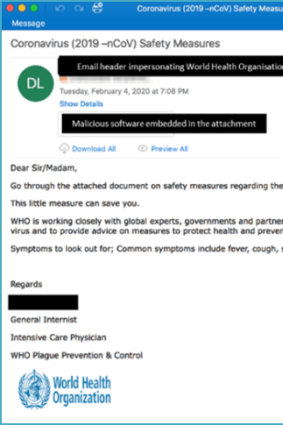 An example of a COVID-19 phishing email, purporting to be from the World Health Organisation.