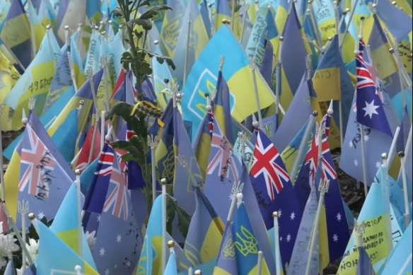 Australian flags fly in Independence Square in Kyiv.