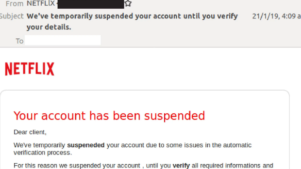 Screen shot of a Netflix email phishing scam picked up in January 2019. 