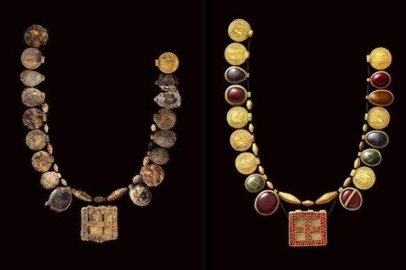 The necklace, left, and depicted on the right as if it was new, was found in Harpole, England, date from around the 600s. 