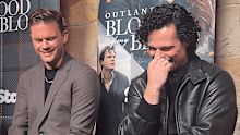 Jeremy Irvine and Jamie Roy couldn’t contain themselves as  the conversation turned scandalous at the Sydney event promoting Outlander: Blood Of My Blood.