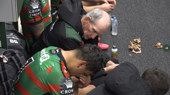 Latrell Mitchell and Wayne Bennett in the sheds after the match.