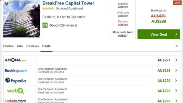 An example of the Trivago 'strike-through' and red text pricing display that is under scrutiny. The $420 may have referred to a different room type.