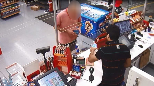 Mohammed Ibrahim at a 7-Eleven store in Kew in the minutes after he stabbed a PSO, a Hawthorn woman and killed Sally-Anne Wills on March 10, 2020. 