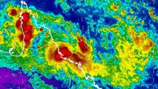 A satellite image of Tropical Cyclone Kimi over north Queensland on Monday night. 