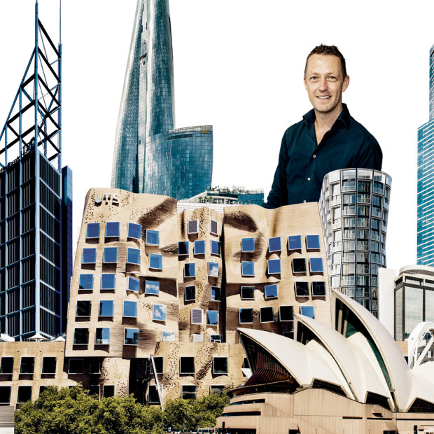 Landmarks designed from near and afar: at left, local architects Durbach Block Jaggers’ North Bondi surf club; centre: Canadian American Frank Gehry’s UTS building. Australia’s “cultural cringe” – a phrase coined in 1950 – is still evident seven decades on, say local architects Angelo Candelapas. left, and Adam Haddow, centre, and architecture lecturer Peter Raisbeck, right.