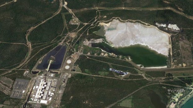 Eraring power station, lower left, with the existing white ash dam to the upper right of the image.