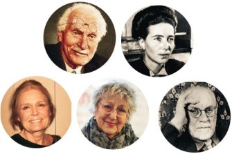 Do canto superior esquerdo, no sentido horário: Carl Jung, Simone de Beauvoir, Henri Matisse, Germaine Greer e Gloria Steinem.